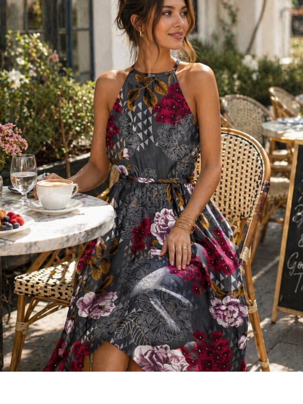Everly Anthropologie Floral Halter Midi Dress Gray Pink Geometric Print Size S